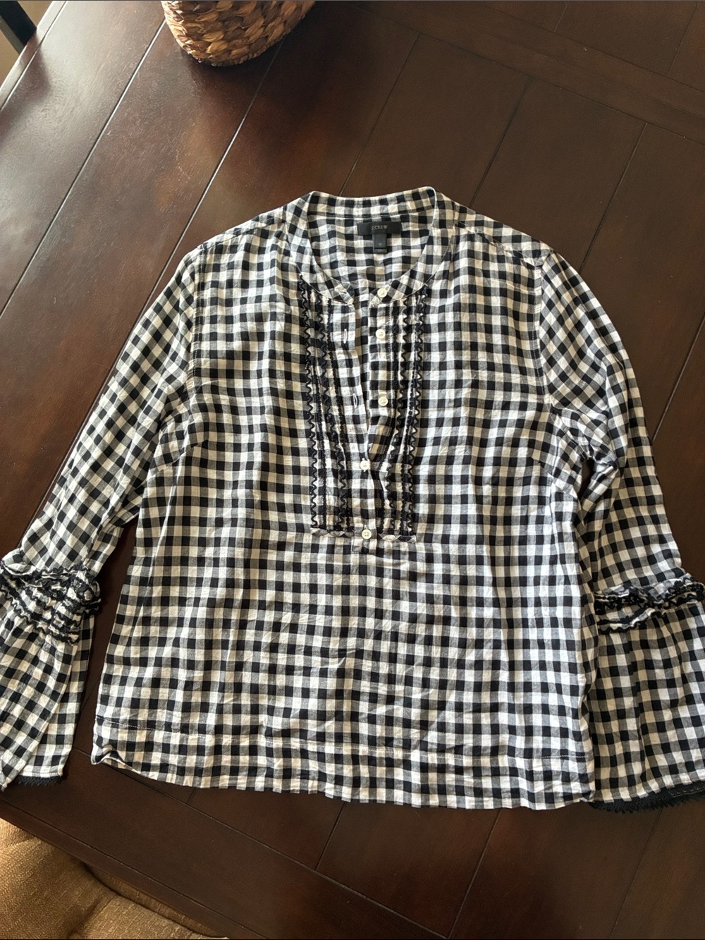 J. Crew Black and White Gingham Ruffle-Trim Pullover Blouse